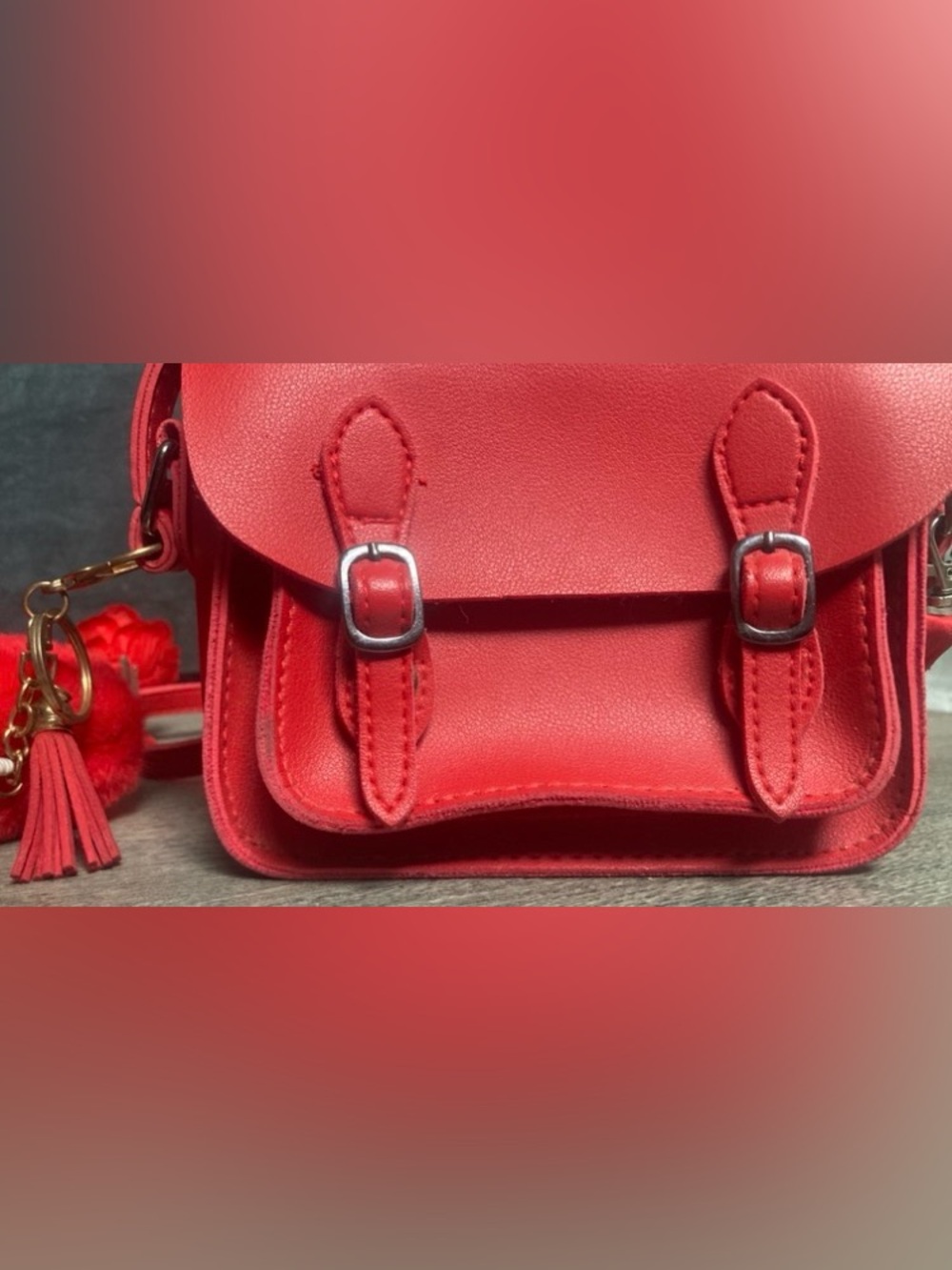 Red Satchel Crossbody Bag Tassel Charm FREE GIFT
